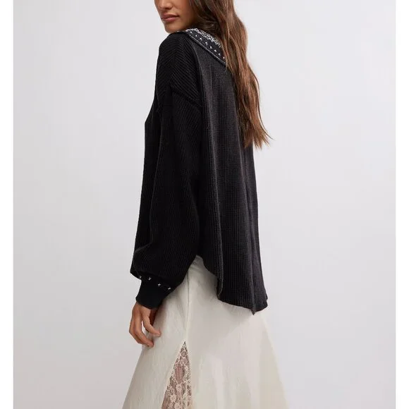 FREE PEOPLE We The Free Holly Henley / Black Combo - Picture 2 of 6